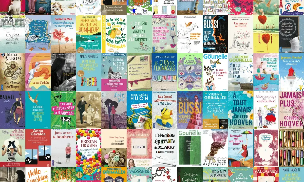 Une mosaïque de couvertures de livres, offrant une définition du roman feel good : des histoires pleines d'espoir, d'amour et de moments doux.