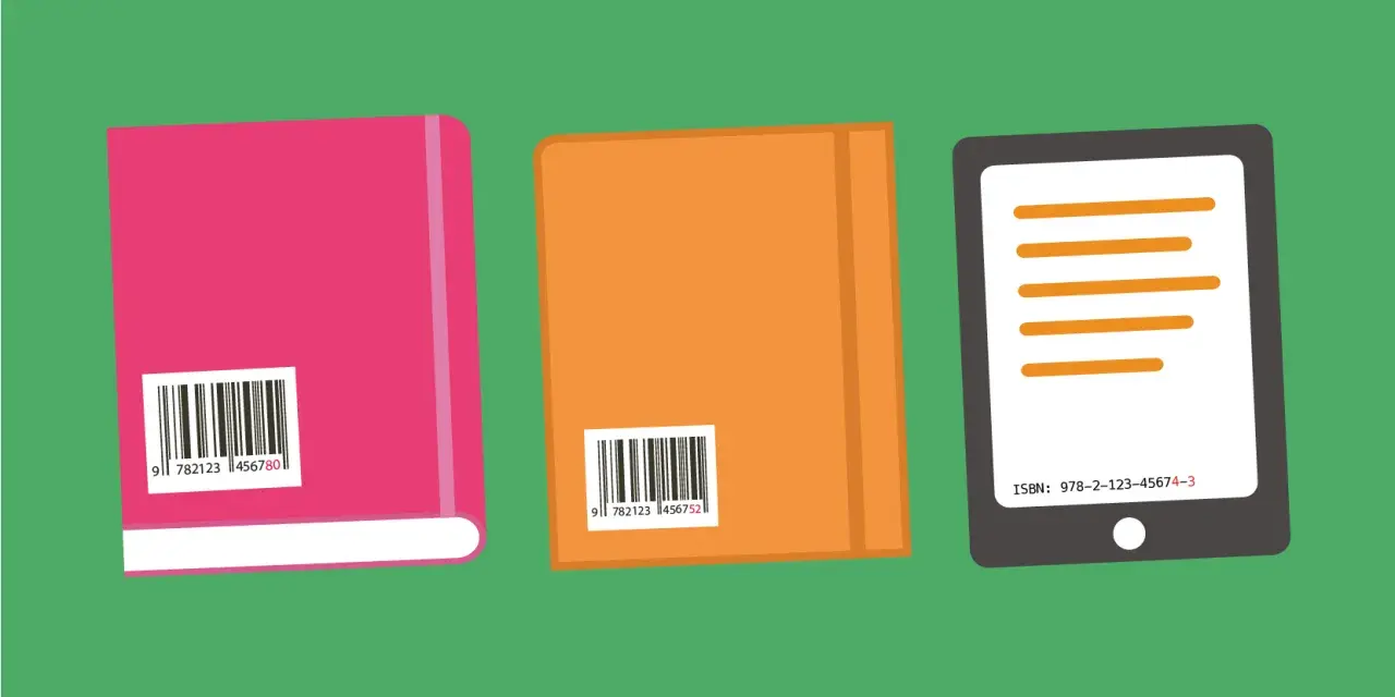 Trois livres, dont un rose et un orange, affichent des codes-barres. Une tablette affiche le numéro ISBN.