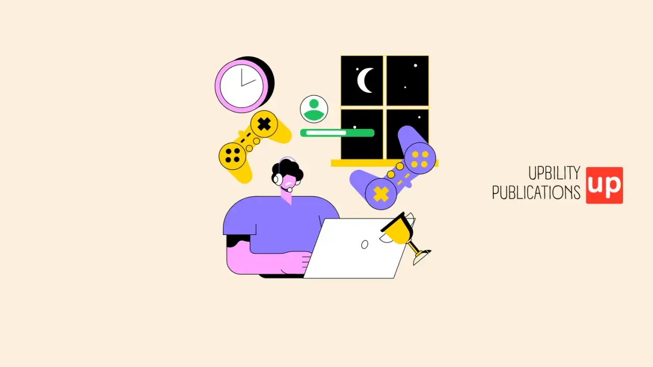 Un joueur sur son ordinateur, entouré de manettes et d'une horloge, illustre une édition addictive.