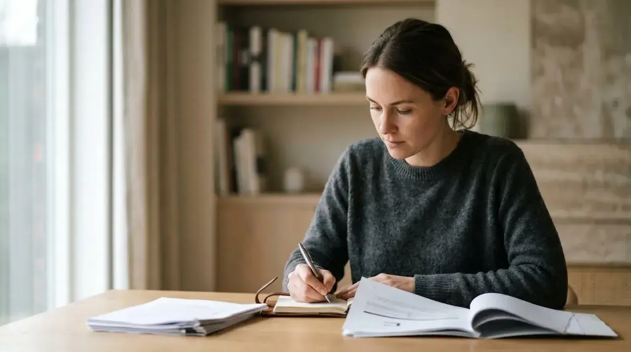 Femme concentrée rédigeant sa dissertation sur le service public, entourée de documents.