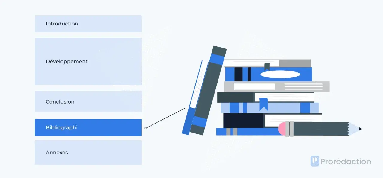Structure d'un document : Introduction, Développement, Conclusion, Bibliographie, Annexes. Apprenez comment faire une bonne bibliographie avec cette illustration.