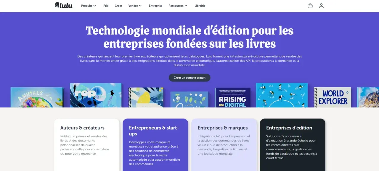 Lulu propose une technologie d'impression livre à la demande pour les entreprises, avec des solutions pour auteurs, entrepreneurs et éditeurs.