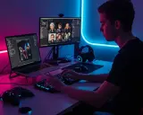 Un jeune homme stylé, concentré sur son écran, crée des mondes virtuels. Son setup gaming est illuminé par des néons bleus et roses.