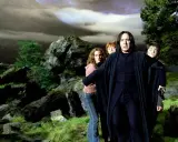Severus Rogue, jeune et sombre, guide Harry, Ron et Hermione à travers un paysage rocheux et brumeux.