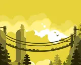 Un artiste imagine qu'est ce qu'un cliffhanger, suspendu au-dessus d'un paysage stylisé de montagnes et de nuages jaunes.