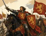 Un chevalier au nom de chevalier stylé mène une charge à cheval, brandissant son épée sous des drapeaux au lion. L'armée avance.