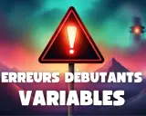 Panneau d'avertissement "Erreurs Débutants Variables" dans un paysage surréaliste.