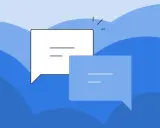 Deux bulles de dialogue, une blanche et une bleue, symbolisent une demande de lettre de recommandation.