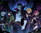 Cinq personnages au style nom de méchant, dont un vampire aux ailes noires, brandissent des armes magiques dans une forêt sombre.