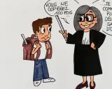 Une avocate, avec une citation humour décalé, menace un écolier : "Vous me copierez 100 fois... Je ne commettrai plus de délit, et sans faute d'orthographe !