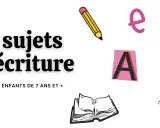 15 sujets d'écriture pour un atelier créatif. Une ampoule, une plume, un livre ouvert et des lettres suggèrent des idées pour les enfants dès 7 ans.