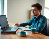 Un jeune homme concentré sur son ordinateur portable, préparant un mémoire sur le télétravail. Une tasse de café à portée de main.