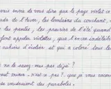 Manuscrit exemple : description poétique du pays violet, des pensées sauvages aux doigts tachés d'encre.