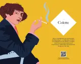 Portrait stylisé de Colette, femme de lettre française, fumant une cigarette. Son regard est intense, sa coiffure bouclée et elle porte un costume sombre.