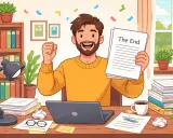 Un auteur fier tient son manuscrit terminé, prêt à le publier à compte d'auteur. Confettis et sourire radieux célèbrent cette étape !