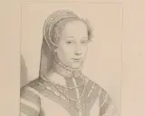 Portrait gravé d'une femme à la coiffe Renaissance, rappelant l'élégance d'un auteur humaniste.