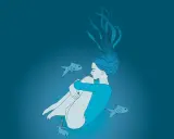 Une jeune femme, les yeux clos, flotte dans l'eau bleue, entourée de poissons. Ses cheveux s'étirent comme des algues, tant que mes yeux pourront larmes épandre, une analyse silencieuse.
