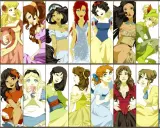 Collection de personnages féminins célèbres, dont Ariel, Blanche-Neige et Cendrillon, dans des tenues colorées.