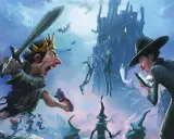 Un roi démoniaque aux dents pointues, armé d'une épée, charge vers un jeune sorcier lisant un livre. Des créatures fantasmagoriques et un château menaçant peuplent ce monde de fantasy.