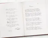 Manuscrit des éditions Pauvert : poèmes manuscrits, dont une page de "Roman" avec des vers de Verlaine.