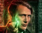 Gellert Grindelwald, le méchant Harry Potter, lance un sort vert lumineux.