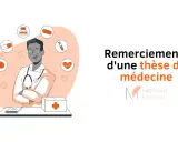 Illustration d'un médecin entouré d'icônes médicales, avec le titre "Remerciements d'une thèse de médecine". Un clin d'œil au remerciement mémoire.