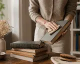 Une personne nettoie un livre d'occasion avec un chiffon. Apprenez comment désinfecter un livre d'occasion pour le préserver.