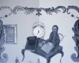 Une scène stylisée montre une personne assise à un bureau, stylo à la main, comme un exercice pour apprendre à écrire. Une horloge indique l'heure.