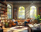 Dans une bibliothèque lumineuse, des personnes lisent. La **liste des éditeurs** est peut-être cachée dans ces ouvrages.