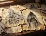 Croquis de personnages pour un jeu : un vieil homme barbu, "Polder", et une mystérieuse mage voilée.