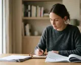 Femme concentrée rédigeant sa dissertation sur le service public, entourée de documents.