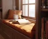 Un coin lecture cosy fantasy : un livre ouvert, une tasse fumante et des étagères remplies de livres, près d'une fenêtre baignée de lumière.