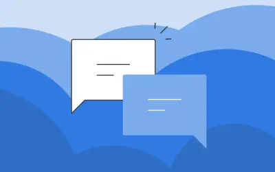 Deux bulles de dialogue, une blanche et une bleue, symbolisent une demande de lettre de recommandation.
