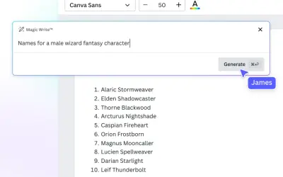 James utilise "Magic Write" pour générer des noms de sorciers, une pseudo idée pour son personnage.