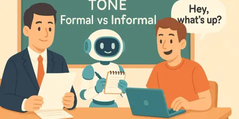 Un homme en costume, un robot et un jeune homme discutent. Le tableau indique "TONE Formal vs Informal", illustrant la communication formelle et informelle.