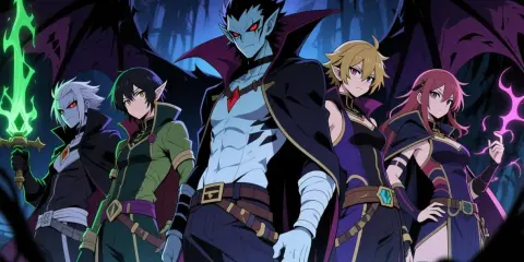 Cinq personnages au style nom de méchant, dont un vampire aux ailes noires, brandissent des armes magiques dans une forêt sombre.