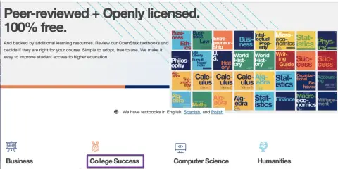 Page d'accueil OpenStax. Recherche de livres par sujet, comme "College Success". Idéal pour une recherche livre par ISBN.