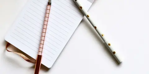 Deux stylos élégants, un rose à carreaux et un blanc à pois dorés, reposent sur un carnet ligné, prêts pour les éditions Balland manuscrit.