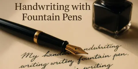 Une plume écrivain dorée repose sur du papier, à côté d'un encrier. Le texte "Ultimate Guide to Handwriting with Fountain Pens" est visible.