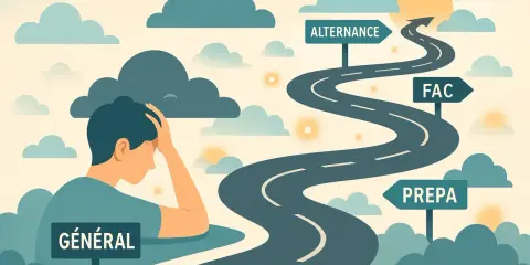 Un jeune homme pensif face à un carrefour de chemins : "Général", "Prepa", "Fac", "Alternance". Comment faire une étude comparative pour choisir sa voie.