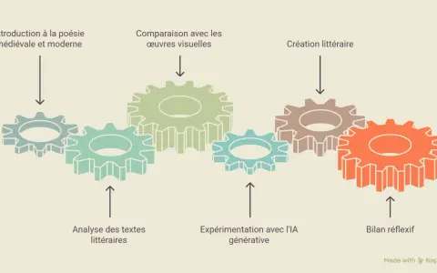 Engrenages symbolisant un processus créatif, de l'analyse littéraire à la création, avec un **oxymore visuel** dans la juxtaposition des textes et des images.