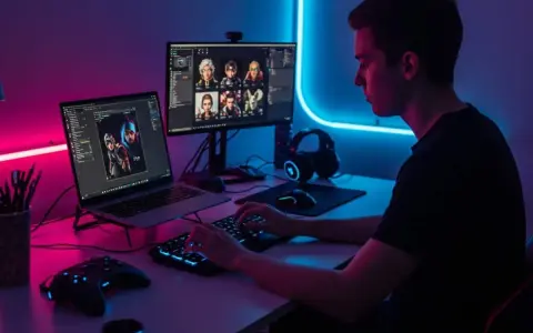 Un jeune homme stylé, concentré sur son écran, crée des mondes virtuels. Son setup gaming est illuminé par des néons bleus et roses.
