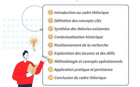 Plan du cadre théorique de mémoire : introduction, concepts clés, théories, contexte, positionnement, lacunes, méthodologie, application, conclusion. Un exemple pour votre mémoire.