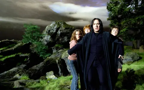 Severus Rogue, jeune et sombre, guide Harry, Ron et Hermione à travers un paysage rocheux et brumeux.