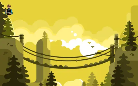 Un artiste imagine qu'est ce qu'un cliffhanger, suspendu au-dessus d'un paysage stylisé de montagnes et de nuages jaunes.