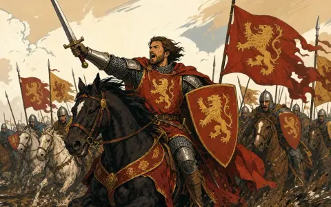 Un chevalier au nom de chevalier stylé mène une charge à cheval, brandissant son épée sous des drapeaux au lion. L'armée avance.
