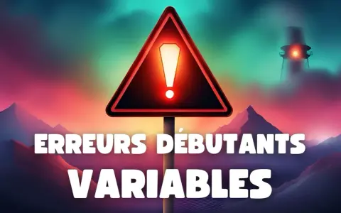 Panneau d'avertissement "Erreurs Débutants Variables" dans un paysage surréaliste.