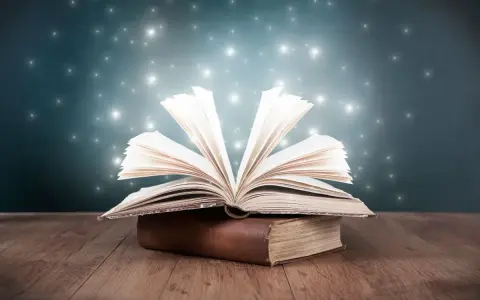 Un livre ouvert déploie ses pages lumineuses, comme un savoir universel. Un point de vue externe interne omniscient sur la magie des mots.