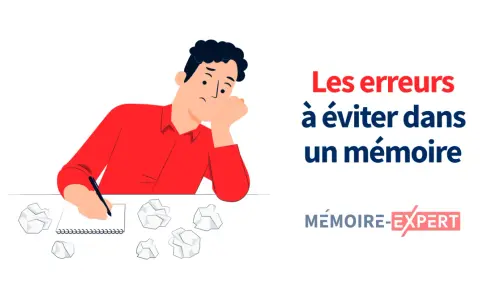 Un étudiant frustré écrit son rapport de stage, entouré de brouillons. Le texte indique "Les erreurs à éviter dans un mémoire".