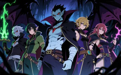 Cinq personnages au style nom de méchant, dont un vampire aux ailes noires, brandissent des armes magiques dans une forêt sombre.